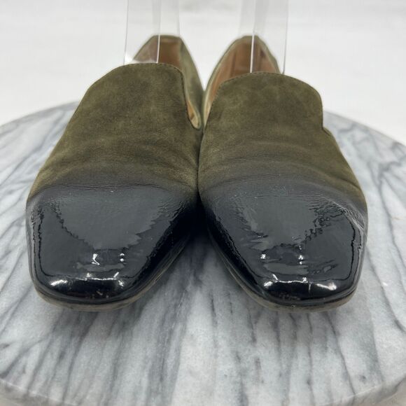 Jimmy Choo Womens 38 Loafer Moss Green Suede Slip On Patent Leather Cap Toe - Picture 3 of 14